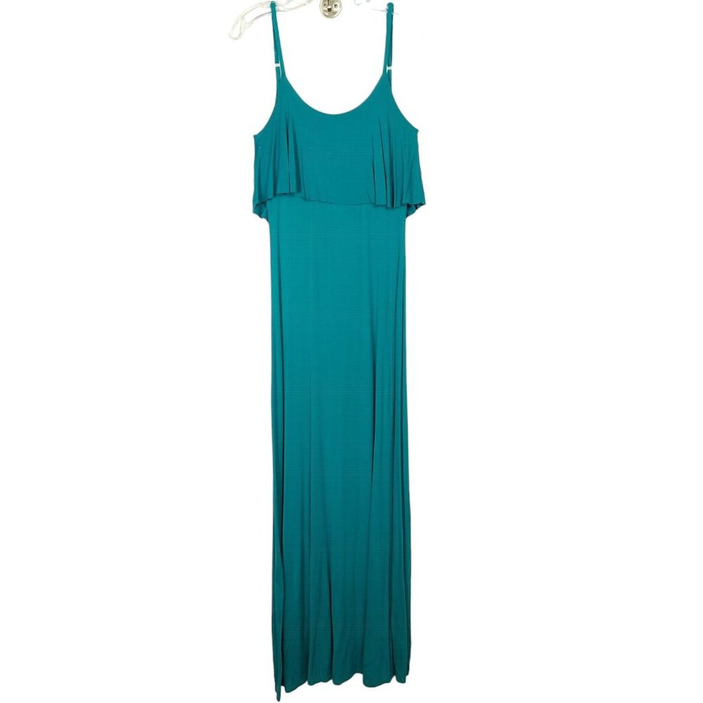 Solemio Womens Maxi Sundress Size S Teal Blue‎ Strappy A Line Deep V Back Ruffle
